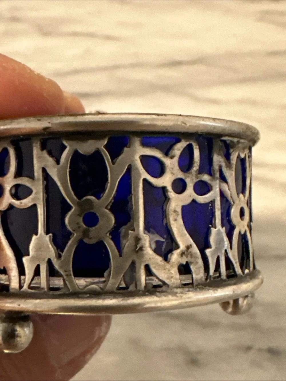 Antique sterling silver with cobalt blue glass insert salt cellar